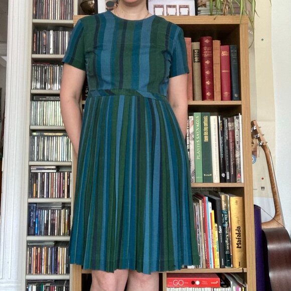 Vintage 1950s Handmade Blue and Green Flared Pleated Dress - Picture 1 of 5